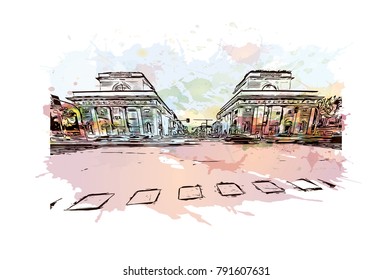 The street with ancient buildings in the center of Milan, Italy. Watercolor splash with sketch illustration in vector.