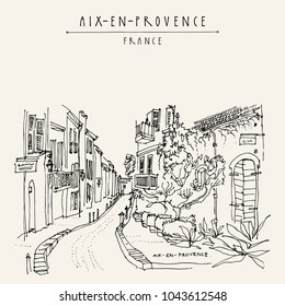 Street with antique houses in Aix-en-Provence, France, Europe. Cozy European town. Hand drawing in retro style. Travel sketch. Vintage touristic postcard, poster or book illustration in vector