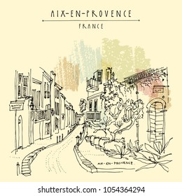 Street with antique houses in Aix-en-Provence, France, Europe. Cozy European town. Hand drawing in retro style. Travel sketch. Vintage touristic postcard, poster or book illustration in vector