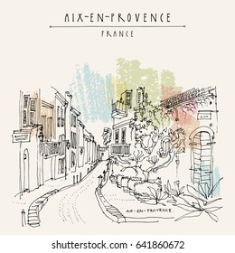 Street with antique houses in Aix-en-Provence, France, Europe. Cozy European town. Hand drawing in retro style. Travel sketch. Vintage touristic postcard, poster or book illustration in vector