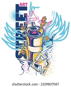 Street art - colorful drawn spray can on graffiti background