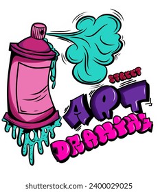 street art drawing graffiti slogan with spray paint can vector illustration