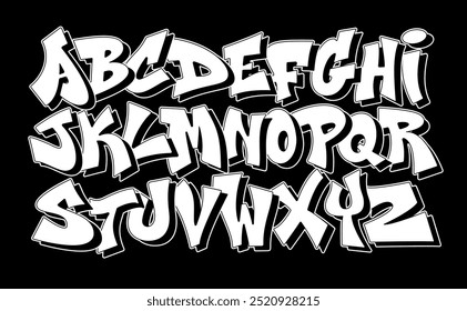 Street art font. Urban graffiti alphabet, edgy and modern hand drawn typography, outlined capital letters with 3D shadow for hip hop street culture inspired lettering design vector set.