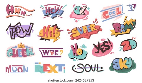 Street art or graffiti, comic speech sound effects in creative style. Vector isolated icons for characters or murals. Hmm and hi, sky and bam, queen and wtf, poow and no, cool and hey decor