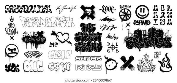 Street art graffiti with effect spray. Urban culture lettering, graffiti, tags, calligraphy. Symbols, drawings, tags, inscriptions and street art in hip-hop style. Vector graphic set for streetwear