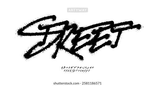 Street art graffiti font, rough brush script, bold spray paint alphabet for teenage streetwear branding, underground music cover headline, energetic rebellious typography. Vector typeset.