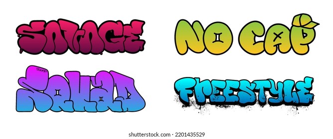 Street Art Graffiti Graphic Set. Four Thematic Graffiti In Different Styles - Squad, Savage, Freestyle, No Cap. 3D Street Art With Spray Effect. Urban Inscriptions In Hip Hop Style. 3D Vector Set