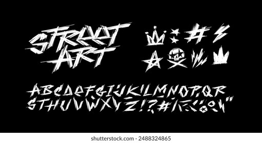 Street Art Graffiti grunge Font Type with Punk and Rock elements: rocker, crown, skull, star, flash for tee print and textile design