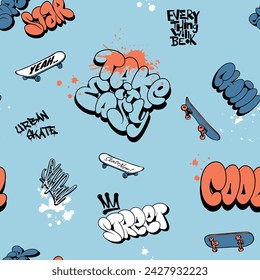 Street art graffiti hand drawn skateboard vector seamless pattern