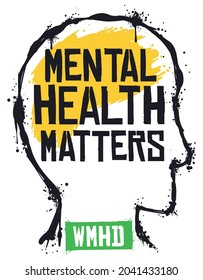 Street art graffiti, with side view face, promoting mental health matters in the WMHD (World Mental Health Day).