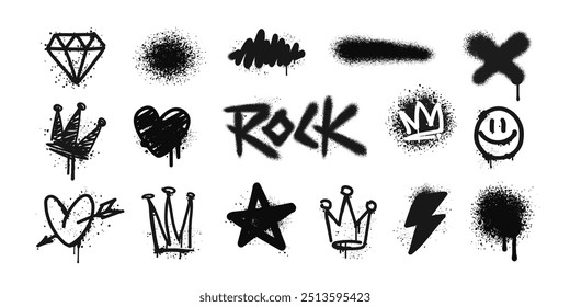 Street Art Graffiti-Tag-Symbole und farbige Rock-Symbole mit Spray-Lack-Effekt: Herz, Diamant, Stern, Stein, Krone - einzelne Vektorgrafik auf weißem Hintergrund