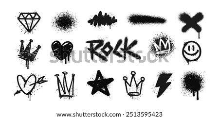 Street Art Graffiti tag symbols and grunge Rock icons with spray paint effect: heart, diamond, star, rock, crown - isolated vector on white background