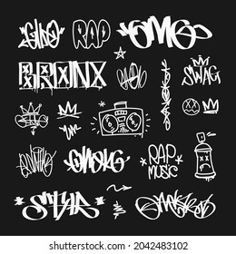 Street Art Graffiti Tags - hip-hop and RAP writing vector set. Doodle style spray paint graffiti crown tags and abstract symbols