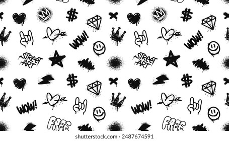 Street Art Graffiti tags and Rock signs and symbols -  grunge seamless pattern. Vector background of Punk Rock and Street Art doodles: crown, diamond, heart, star, and more grunge elements 