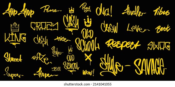 	
Street art graffiti tags. Yellow street underground inscriptions isolated on black background. Graffiti urban, tags, signs effect written in marker or grunge. Underground inscriptions arts collection