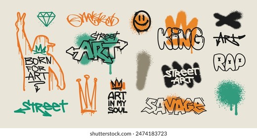 Street Art Graffiti text slogan prints dsgn with spray paint effect. Graffiti quote in hip-hop style urban typography words, street art elements for graphic tee, t-shirt, apparel - editable vector (2)