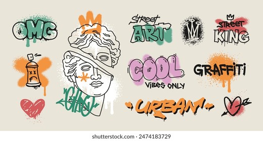 Street Art Graffiti text slogan prints dsgn with spray paint effect. Graffiti quote in hip-hop style urban typography and street art elements for graphic tee t-shirt or apparel - editable vector (3)