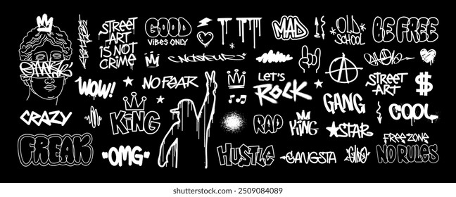 Street Art Graffiti text slogan prints with Pop Art design. Graffiti quote in hip-hop style urban typography and street art elements for graphic tee t-shirt or apparel - editable vector (set 12)