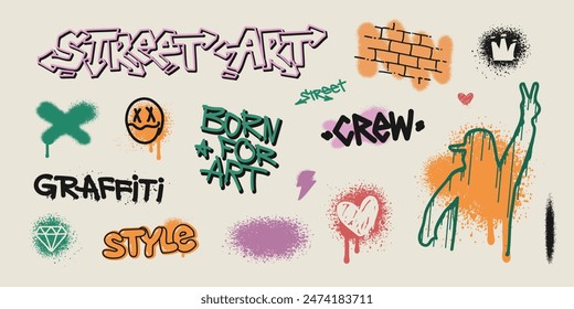 Street Art Graffiti text slogans print dsgn with spray paint effect. Graffiti quote in hip-hop style urban typography and street art elements for graphic tee t-shirt or apparel - editable vector (1)