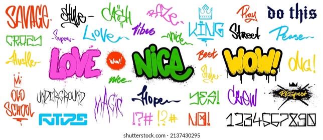 Street art graphic set with tags and 3D graffiti with spray effect. Street tags and numbers. Stickers 3D cartoon graffiti. Urban inscriptions in hip hop style and urban lettering. Vector collection 