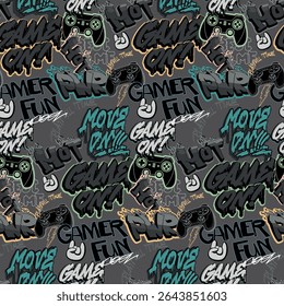 Street art lettering Seamless pattern with graffiti-style text, gaming icons, gamepads, phrases GAME ON, GAMER FUN, PWR, HOT, move on. Urban print for streetwear, gaming apparel, digital designs.