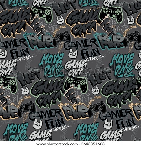 Street art lettering Seamless pattern with graffiti-style text, gaming icons, gamepads, phrases GAME ON, GAMER FUN, PWR, HOT, move on. Urban print for streetwear, gaming apparel, digital designs.