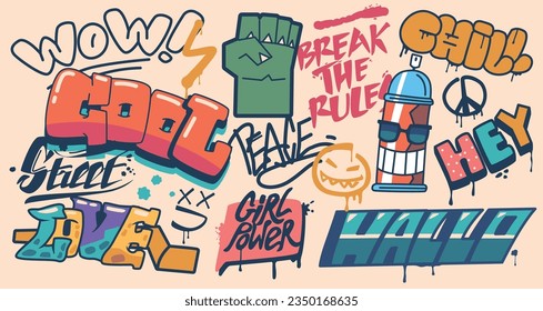 Street Art Lettering Set. Wow, Cool, Break the Rules. Chill, Hey, Hallo and Girl Power. Love and Peace Hand Drawn Text