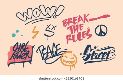Street Art Lettering Set. Wow, Break The Rules, Girl Power And Peace Hand Drawn Words Paint Drawing on the Wall