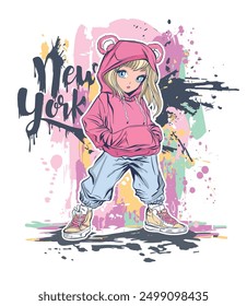 Street art manga girl  illustration.Cool anime girl vector character.Japanese style, Cute manga girl drawing.Korean vector girl child.New York graffiti art and the rebellious youth.T shirt graphics.