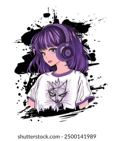 Street art manga girl illustration.Cool anime girl vector character.Japanese style, cool manga girl drawing.Korean vector girl child.New York graffiti art and the rebellious youth.T shirt graphics.