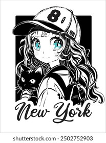 Street art manga girl illustration.Cool anime girl vector character.Japanese style, Cute manga girl drawing.Korean vector girl child.New York calligraphy.T shirt graphics. Black and white anime kid.