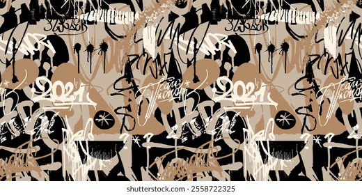 Street art marker tags background, seamless pattern with urban elements, graffiti words. Grunge urban underground culture. Hip hop style writing texture. Vector wallpaper