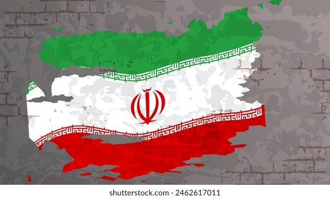 Street art national flag of Iran on a shabby brick wall. Realistic grunge effect. Great for poster, social media post, background. Officially sign of the Islamic Republic of Iran