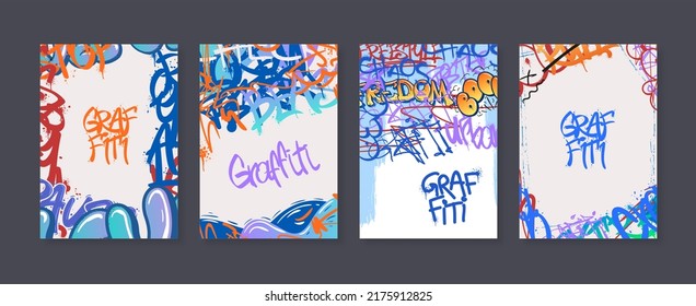 Street art poster. Urban graffiti banners, freestyle tags with spray paint splashes and abstract vector backgrounds set. Scribbles with splatters, colorful aerosol paint collection