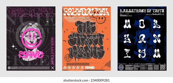 Street Art Poster mit y2k-Schrift und Graffiti, Tags, urbane Kunst. Säureabdrücke für Typografie, Merch, Streetwear, T-Shirt, Flyer, Poster. Set für künstlerische Cover. Straßenkultur, Graffiti, Modernismus