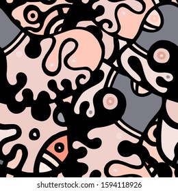 Street Art Print. Modern Seamless Pattern.  Gray, Bordo Fantasy Hand Drawn. Linear Collage. Bizarre Street Art. Creative Trendy Style. Abstract, Contrast Shape. Doodle Crazy Vector Background.
