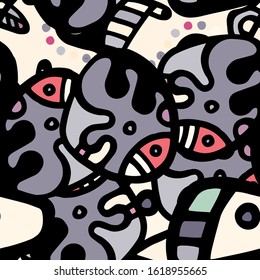 Street Art Print. Modern Seamless Pattern.  Gray, Bordo Fantasy Hand Drawn. Linear Collage. Bizarre Street Art. Creative Trendy Style. Abstract, Contrast Shape. Doodle Crazy Vector Background.
