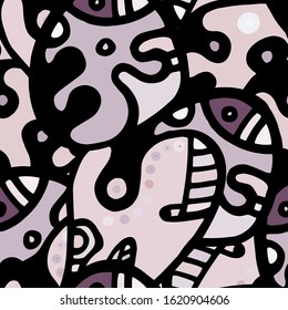 Street Art Print. Modern Seamless Pattern.  Gray, Bordo Summer Hand Drawn. Linear Collage. Bizarre Street Art. Creative Trendy Style. Abstract, Contrast Shape. Doodle Crazy Vector Background.
