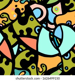 Street Art Print. Modern Seamless Pattern.  Color, Multicolor Summer Hand Drawn. Linear Collage. Bizarre Street Art. Creative Trendy Style. Abstract, Contrast Shape. Doodle Crazy Vector Background.
