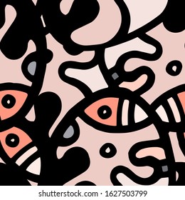 Street Art Print. Modern Seamless Pattern.  Gray, Bordo Cool Hand Drawn. Linear Collage. Bizarre Street Art. Creative Trendy Style. Abstract, Contrast Shape. Doodle Crazy Vector Background.
