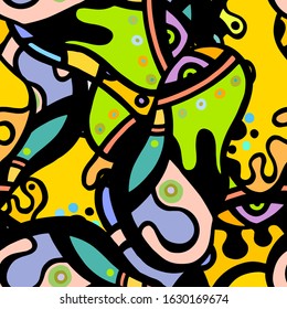 Street Art Print. Modern Seamless Pattern.  Color, Multicolor Cool Hand Drawn. Linear Collage. Bizarre Street Art. Creative Trendy Style. Abstract, Contrast Shape. Doodle Crazy Vector Background.
