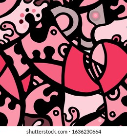 Street Art Print. Modern Seamless Pattern.  Gray, Bordo Fun Hand Drawn. Linear Collage. Bizarre Street Art. Creative Trendy Style. Abstract, Contrast Shape. Doodle Crazy Vector Background.
