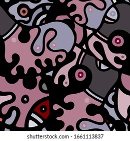 Street Art Print. Modern Seamless Pattern.  Gray, Bordo Chaotic Hand Drawn. Linear Collage. Bizarre Street Art. Creative Trendy Style. Abstract, Contrast Shape. Doodle Crazy Vector Background.
