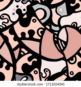 Street Art Print. Modern Seamless Pattern.  Gray, Bordo Funky Hand Drawn. Linear Collage. Bizarre Street Art. Creative Trendy Style. Abstract, Contrast Shape. Doodle Crazy Vector Background.
