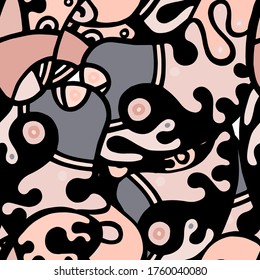 Street Art Print. Modern Seamless Pattern.  Gray, Bordo Summer Hand Drawn. Linear Collage. Bizarre Street Art. Creative Trendy Style. Abstract, Contrast Shape. Doodle Crazy Vector Background.
