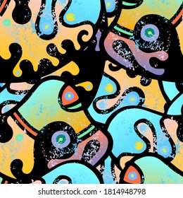Street Art Print. Modern Seamless Pattern.  Fanny Packaging. Fun Hand Drawn. Linear Collage. Bizarre Street Art. Creative Trendy Style. Abstract Contrast Shape. Doodle Crazy Vector Background.
