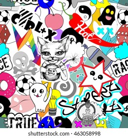 Street art style, vector seamless pattern bright colorful stickers characters background, funny