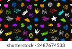 Street Art tags and Rock grunge signs and symbols -  seamless pattern. Vector background of Rock and Street Art Graffiti doodles: crown, diamond, heart, star, and pop art elements 