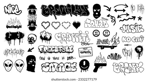 Street art, urban culture, graffiti, tags, calligraphy, lettering. Graphic spray and graffiti box with spray effect, dripping paint. Hip hop 3D street art. phrases for t-shirt, streetwear. Vector set