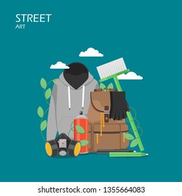 Street art vector flat style design illustration. Paint spray can, markers, hoodie, gloves, mask, backpack, cleaning brush. Graffiti art tools and accessories for web banner, website page etc.
